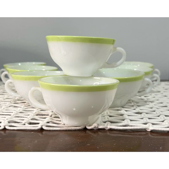 Pyrex Vintage Milk Glass White with Lime Green Rim Tea Set - Picture 8 of 9